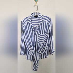 VIXBE tie Front Blue And White Stripe Button Up Shirt